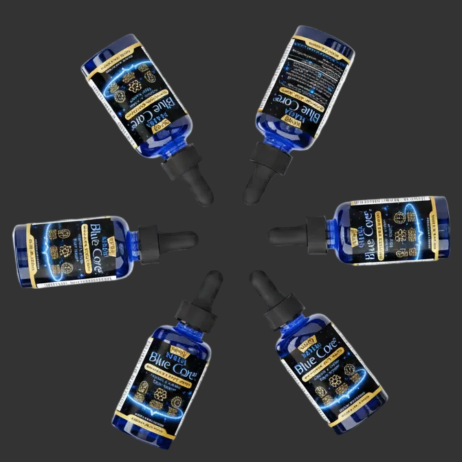 Set of blue and black dropper bottles arranged in a circular pattern on a white background